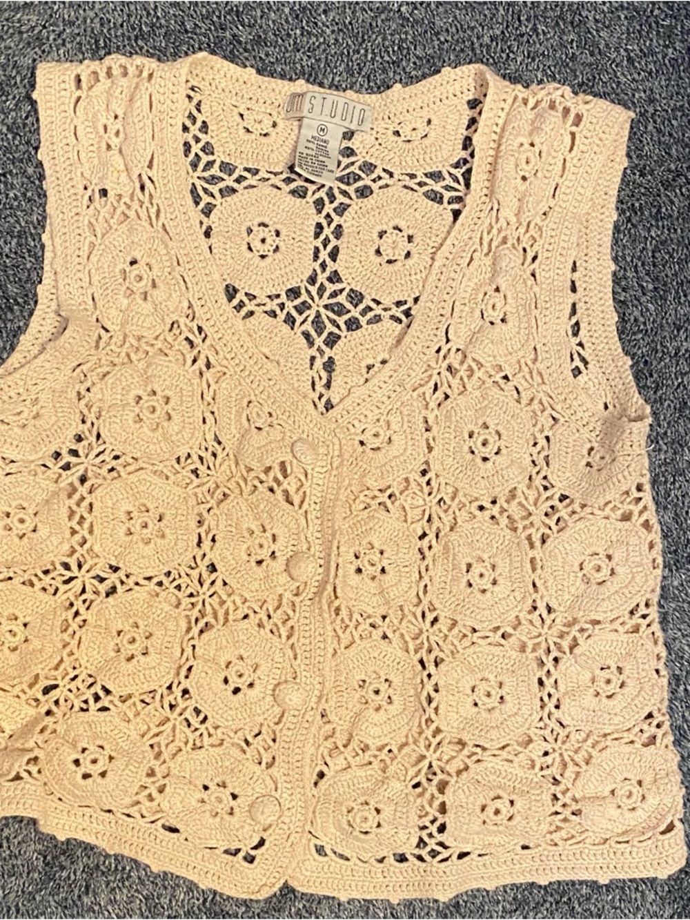 M.STUDIO Crochet Button-Front Crop Vest in Light Beige